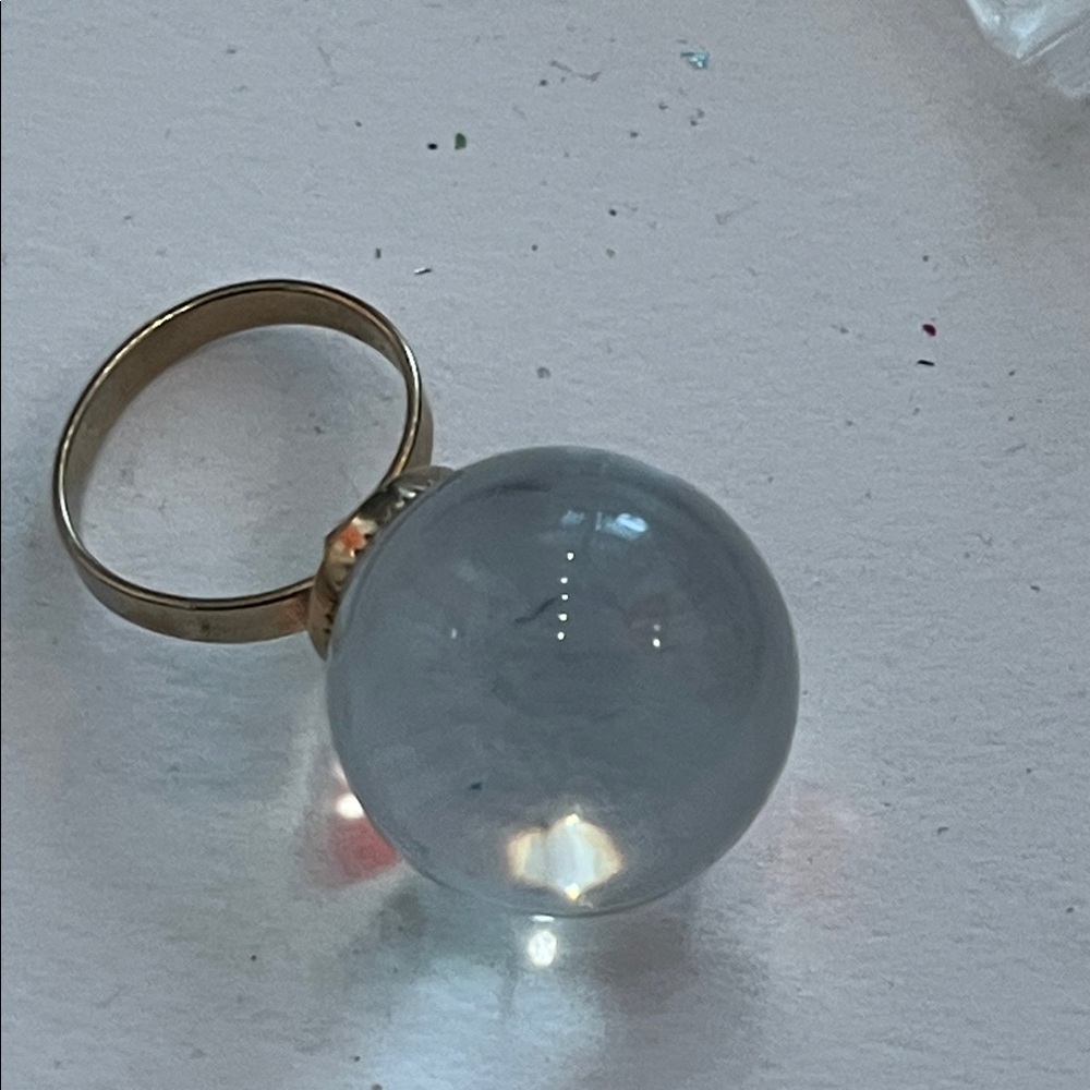 VINTAGE LUCITE Gold Band with Clear Glass Sphere Ring, ADJUSTABLE